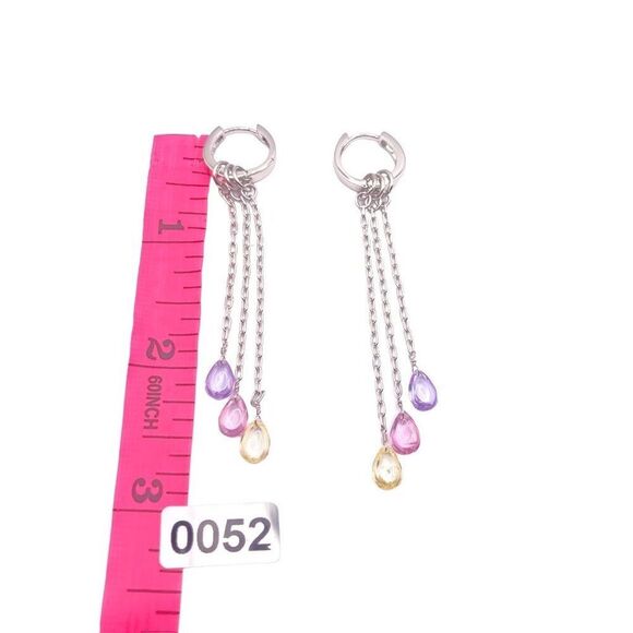 Silver huggy hoop earring with long dangle chains - Picture 4 of 4